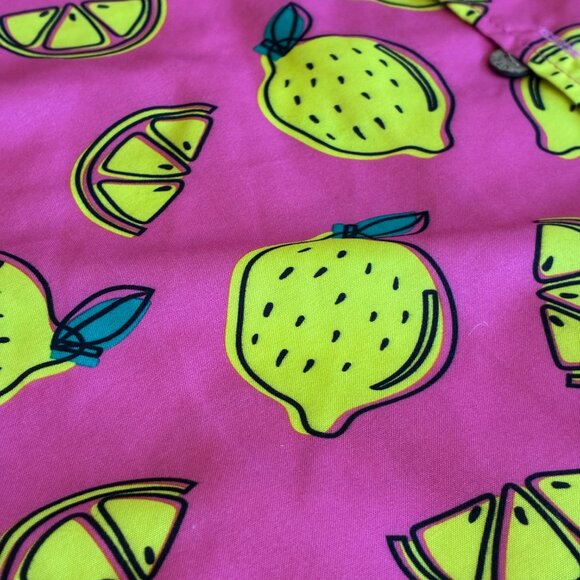 Uzzi Pink with Yellow Lemons Hawaiian Short-sleeve Shirt Top Medium - Picture 7 of 10